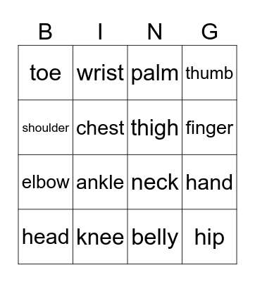 Body Parts Bingo Card