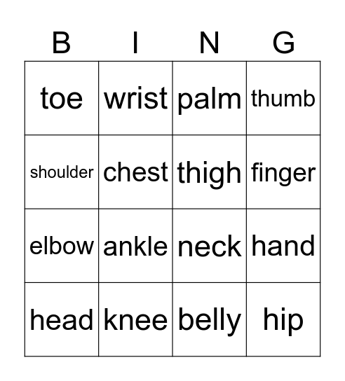 Body Parts Bingo Card