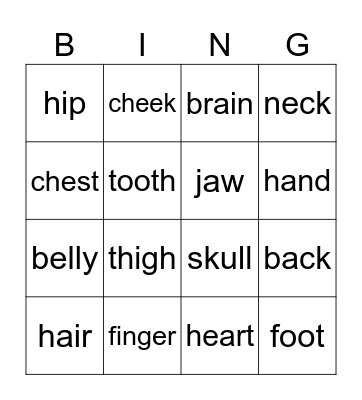 Body Parts Bingo Card