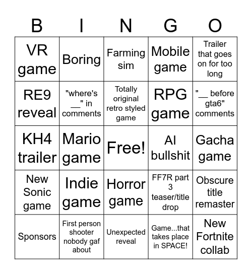 Summer Games Fest bingo Card
