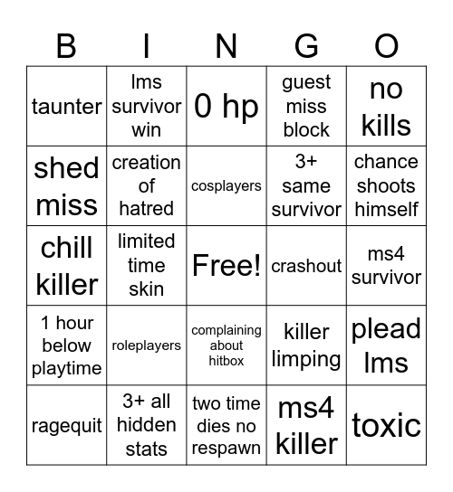 Forsaken Bingo Card