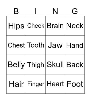 Body Parts Bingo Card
