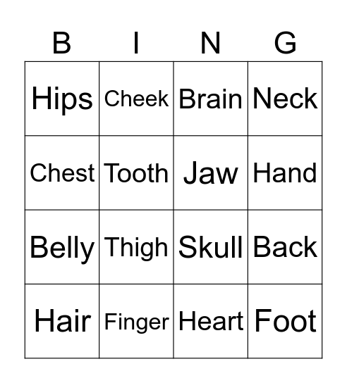 Body Parts Bingo Card