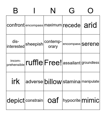 Vocabulary Unit 2  Bingo Card