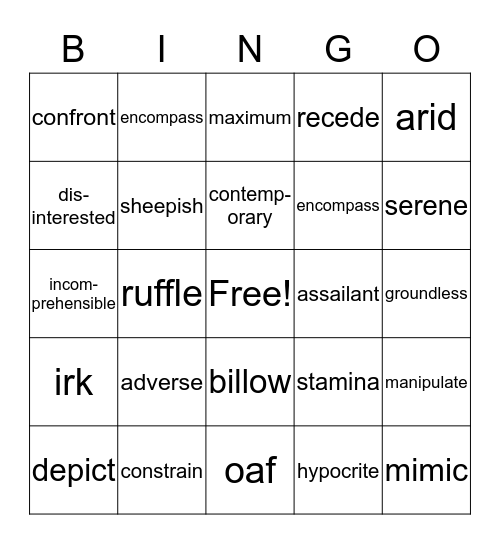 Vocabulary Unit 2  Bingo Card