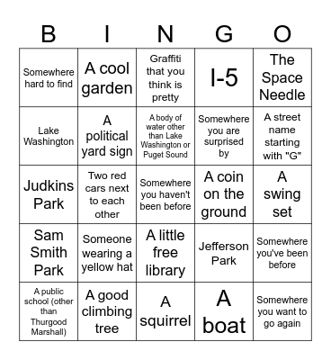 Seattle CD Walk Bingo - cross off things you see Bingo Card