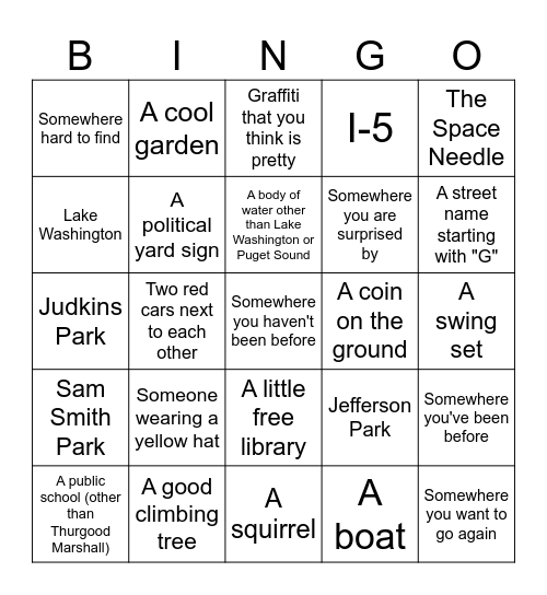 Seattle CD Walk Bingo - cross off things you see Bingo Card