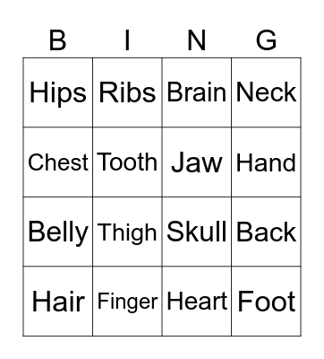 Body Parts Bingo Card