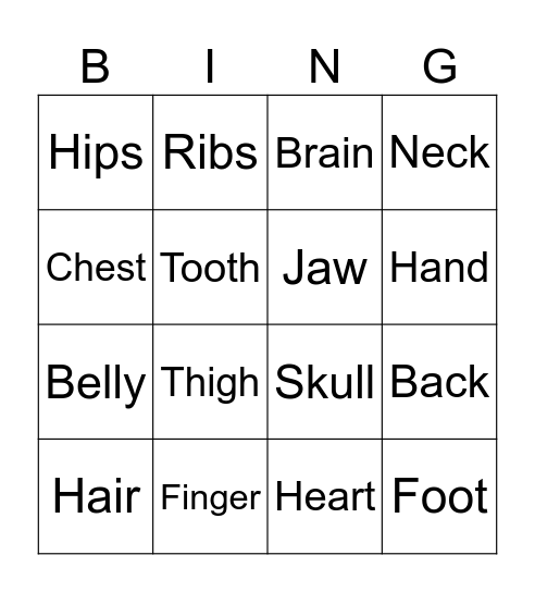 Body Parts Bingo Card