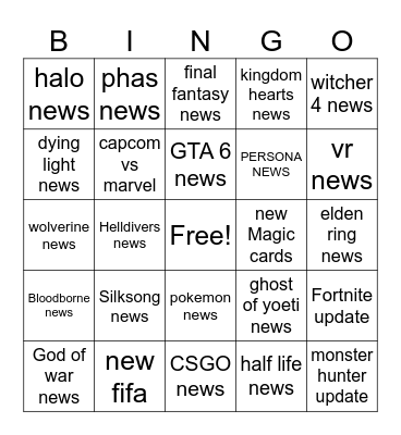 Summer game fest Bingo Card
