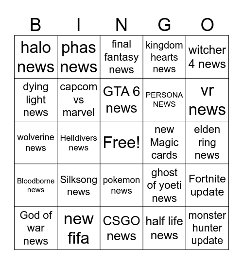 Summer game fest Bingo Card