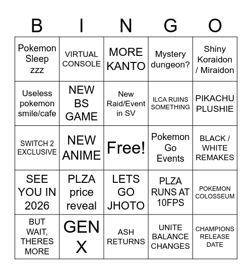 Pokemon Bingo Card