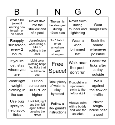 Summer Safety Bingo Card