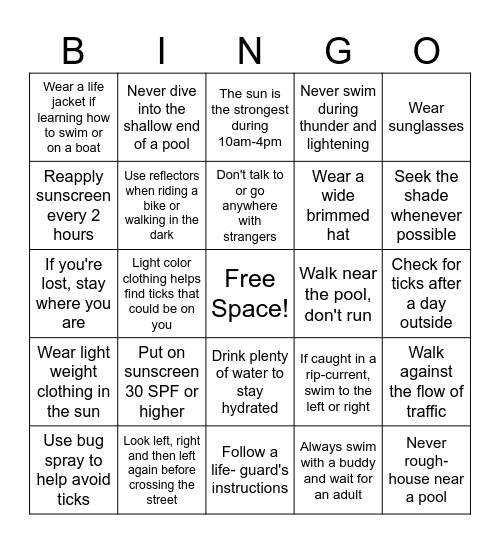 Summer Safety Bingo Card