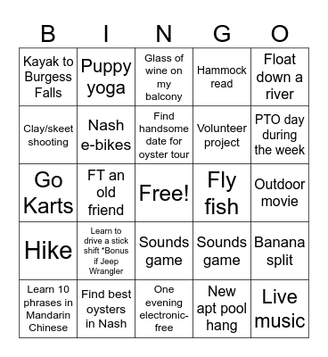 Summer Bucket List Bingo Card