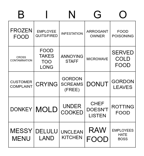 Kitchen Nightmares Bingo Card