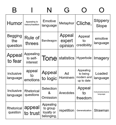 Rhetorical devices and strats Bingo Card