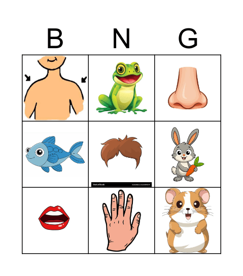 Pets and Parts of the Body Bingo Card