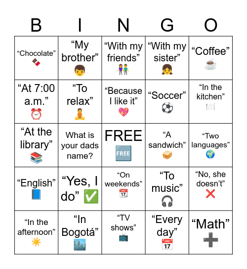 Questions Bingo Card