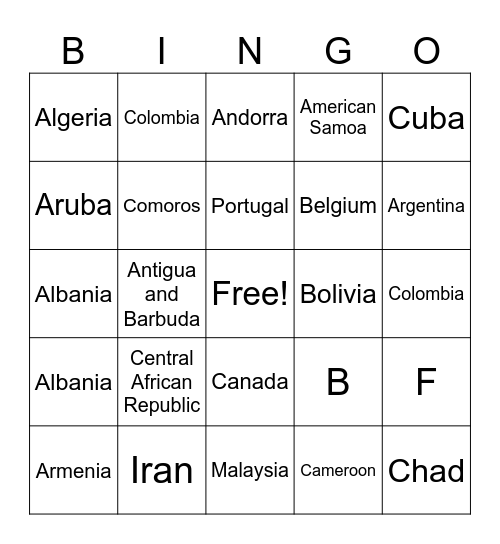 Country names Bingo Card