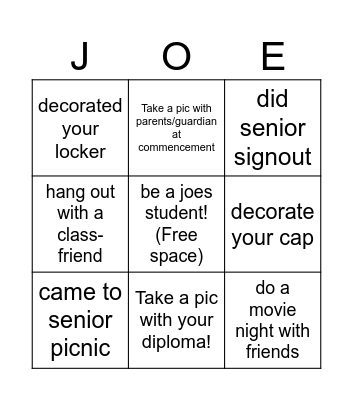 St Joes 2025 bingo Card