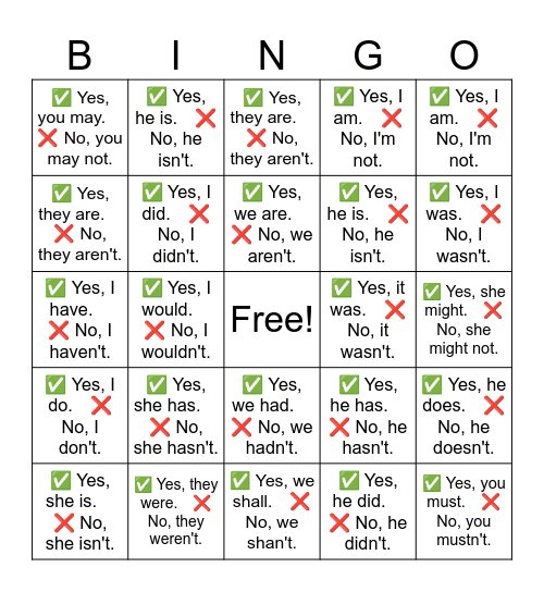 Answers Practice ✅ Yes, I can. ❌ No, I can't. Bingo Card