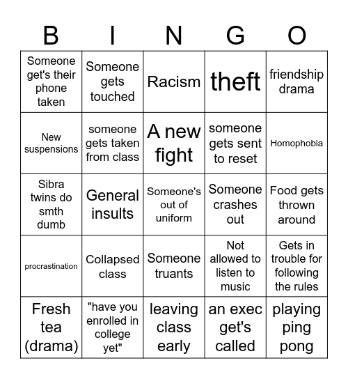 YEAR 10 DAILY Bingo Card