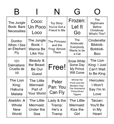 Disney Songs Bingo Card