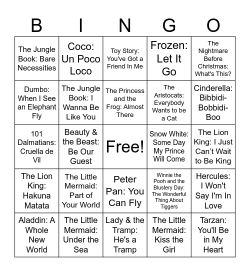 Disney Songs Bingo Card