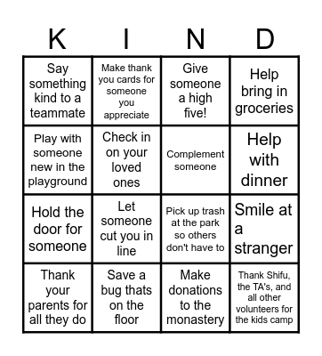 Kindness Bingo Card