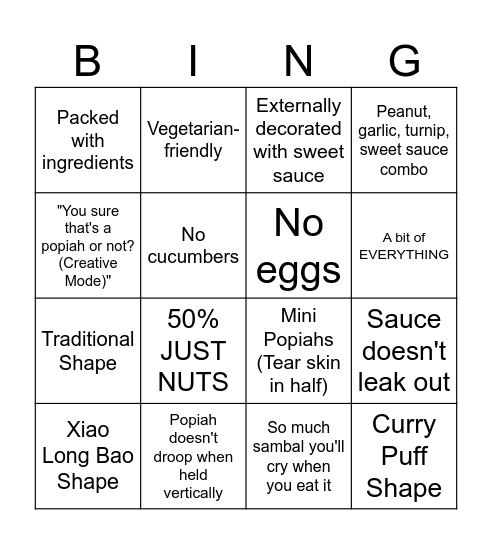 DPP Popiah Challenge Bingo Card