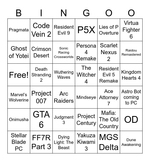 Summer Game Fest 2025 Bingo Card