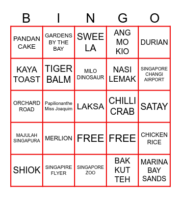 SINGAPORE UNCUT Bingo Card