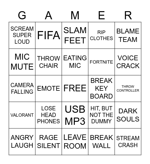 Gamer Rage Bingo Card
