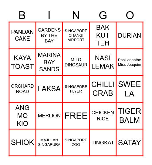 SINGAPORE UNCUT Bingo Card