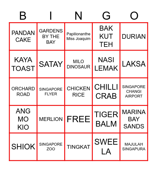 SINGAPORE UNCUT Bingo Card