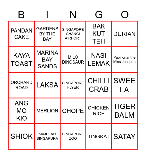 SINGAPORE UNCUT Bingo Card