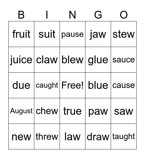 ew, ui, ue, aw, au, augh words Bingo Card