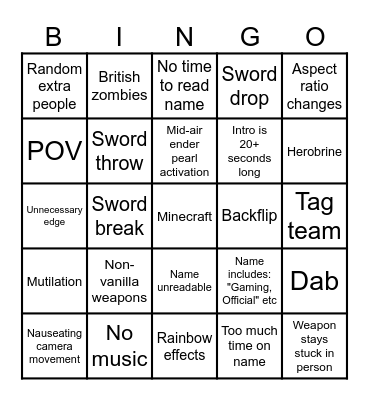 Minecraft intro bingo Card