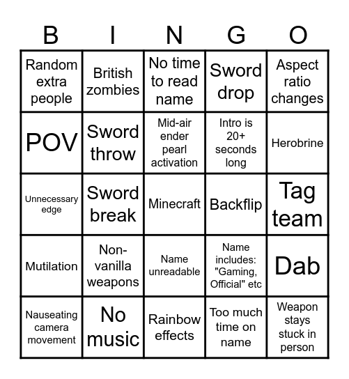 Minecraft intro bingo Card