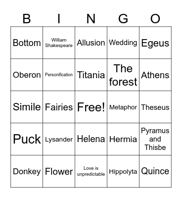 A Midsummer Night's Dream Bingo Card