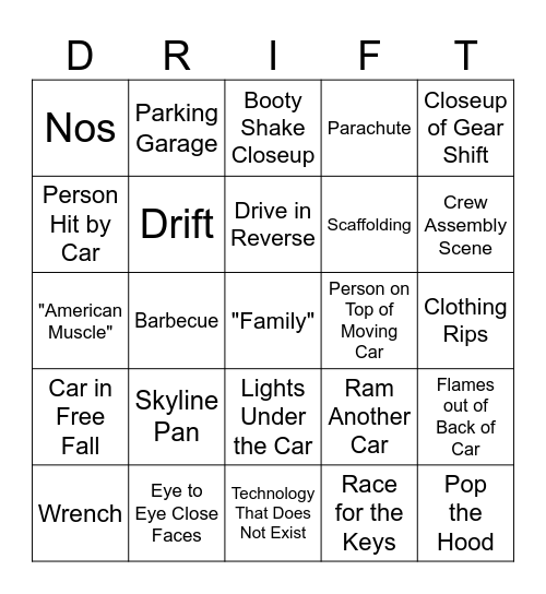 Fast and the Furious Bingo Card