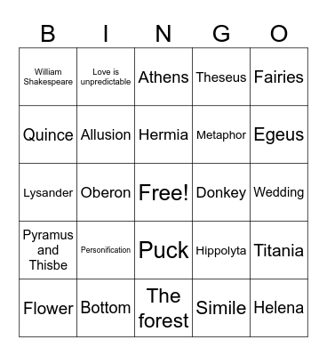 A Midsummer Night's Dream Bingo Card