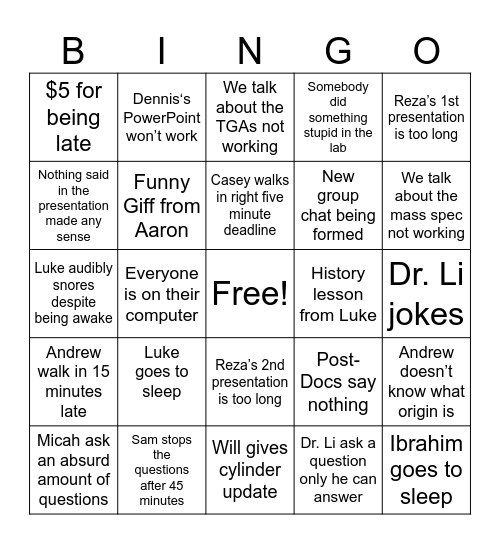 Group meeting Bingo Card