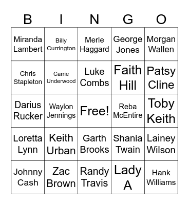 Country Artists Bingo Card