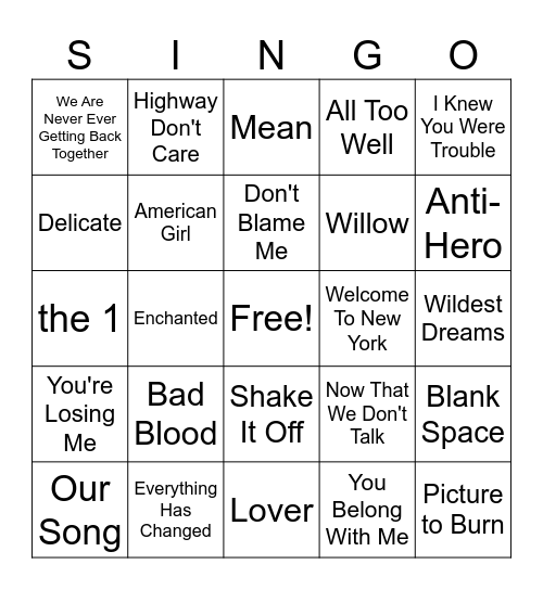 Taylor Swift Bingo Card