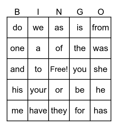 Trick Word Bingo Card