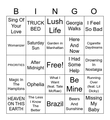 Natalie's Favorite Songs Bingo Card