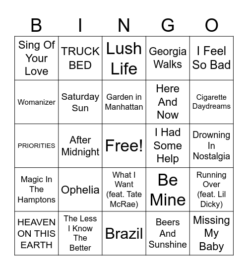 Natalie's Favorite Songs Bingo Card