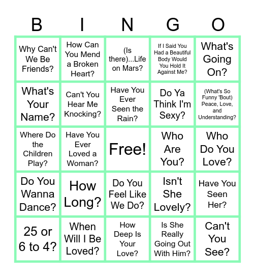 MUSIC BINGO at the Ann Arbor Eagles! Seventies Songs with a Question in the Title! Bingo Card